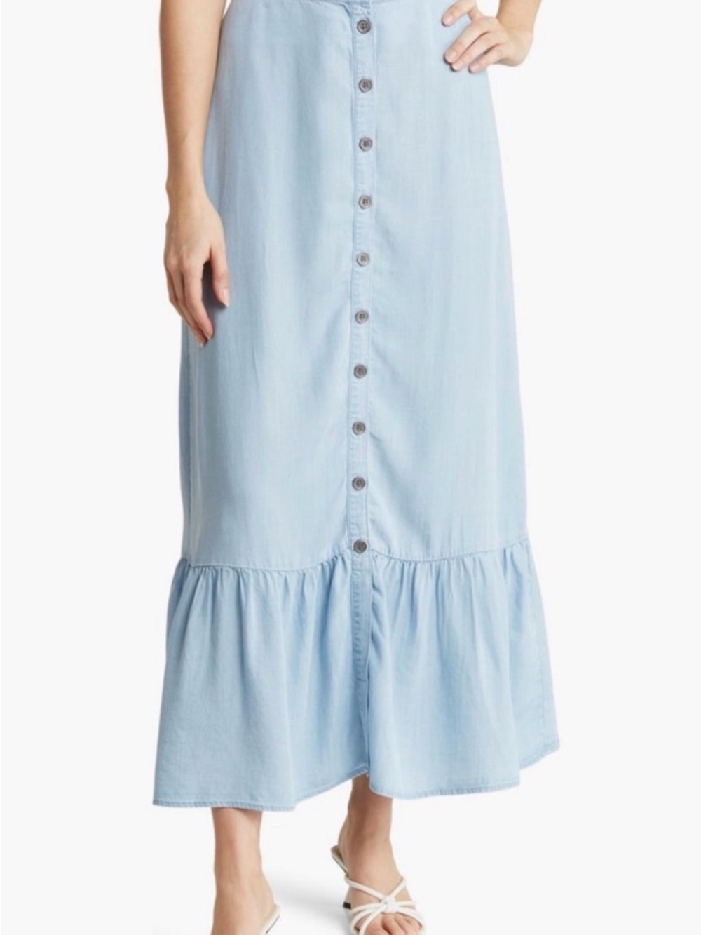 DR2 Light Blue Button-Front Ruffle-Hem Maxi Skirt